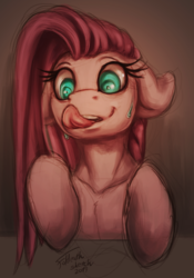 Size: 1016x1453 | Tagged: safe, artist:foldeath, pinkie pie, earth pony, pony, g4, bueno, female, floppy ears, licking, licking lips, pinkamena diane pie, sketch, solo, sweat, tongue out