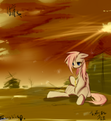 Size: 1000x1094 | Tagged: safe, artist:美味的芥末, oc, oc only, pony, depressed, looking at something, sitting, solo, sunset, war