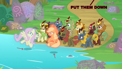 Size: 1920x1080 | Tagged: safe, edit, editor:redweasel, screencap, applejack, autumn afternoon, autumn blaze, cinder glow, fern flare, fluttershy, forest fall, maple brown, pumpkin smoke, sparkling brook, spring glow, summer flare, winter flame, earth pony, kirin, pegasus, pony, g4, sounds of silence, bad timing, didn't think this through, floating, levitation, magic, oops, pedantic, scenery, stream of silence, telekinesis, this will end in head tilts, water