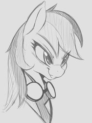 Size: 600x796 | Tagged: safe, artist:tre, rainbow dash, pegasus, pony, g4, black and white, bust, female, goggles, grayscale, mare, monochrome, simple background, sketch, smiling, solo