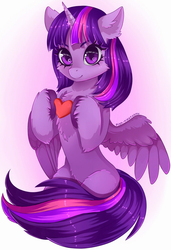 Size: 684x1000 | Tagged: safe, artist:pink-pinktooth, twilight sparkle, alicorn, pony, g4, cheek fluff, chest fluff, cute, ear fluff, female, heart, holiday, hoof hold, looking at you, mare, one wing out, simple background, sitting, smiling, solo, twiabetes, twilight sparkle (alicorn), unshorn fetlocks, valentine's day, white background, wings