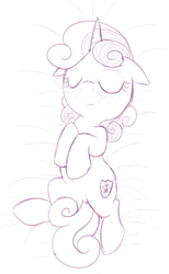 Size: 724x1173 | Tagged: safe, artist:dtcx97, edit, sweetie belle, pony, unicorn, g4, blushing, cute, cutie mark, diasweetes, explicit source, female, filly, lineart, monochrome, sfw edit, sleeping, smiling, solo, the cmc's cutie marks
