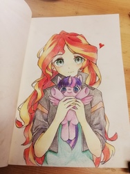 Size: 1728x2304 | Tagged: dead source, safe, artist:这是一只草履虫, sunset shimmer, twilight sparkle, alicorn, pony, equestria girls, g4, anime, female, heart, mare, micro, solo, traditional art, twilight sparkle (alicorn)