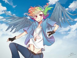 Size: 1680x1280 | Tagged: dead source, safe, artist:历史转折中的tt, rainbow dash, human, g4, anime, belly button, clothes, female, humanized, jeans, midriff, pants, shirt, solo, winged humanization, wings