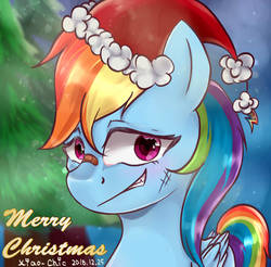 Size: 950x934 | Tagged: dead source, safe, artist:xiao_chic, rainbow dash, pegasus, pony, g4, christmas, female, hat, holiday, merry christmas, santa hat, solo