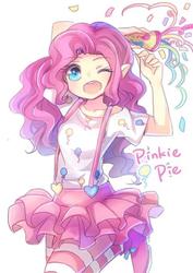 Size: 480x679 | Tagged: dead source, safe, artist:叶子588, pinkie pie, human, g4, clothes, cute, female, humanized, miniskirt, one eye closed, open mouth, shoes, skirt, socks, solo, striped socks, suspenders, thigh highs, wink, zettai ryouiki