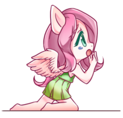 Size: 523x502 | Tagged: dead source, safe, artist:blueeye, fluttershy, pegasus, anthro, g4, chibi, clothes, dress, female, kneeling, looking up, open mouth, profile, simple background, solo, teary eyes, white background, wings