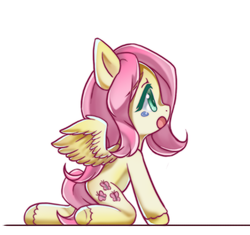Size: 576x541 | Tagged: dead source, safe, artist:blueeye, fluttershy, pegasus, pony, g4, female, kneeling, looking up, mare, open mouth, profile, simple background, solo, spread wings, teary eyes, white background, wings