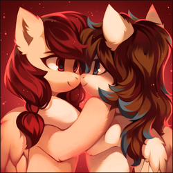 Size: 1316x1316 | Tagged: safe, artist:share dast, oc, oc only, oc:amora bunny, oc:vanilla creame, pegasus, pony, cute, duo, duo female, eye contact, female, holiday, lesbian, looking at each other, mare, oc x oc, shipping, smiling, valentine's day, ych result