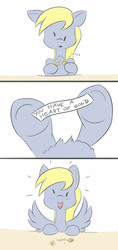 Size: 600x1270 | Tagged: safe, artist:ikarooz, derpy hooves, pegasus, pony, g4, chest fluff, comic, cute, derpabetes, fact, female, floppy ears, fortune cookie, happy, mare, onomatopoeia, simple background, solo, spread wings, truth, underhoof, weapons-grade cute, wings