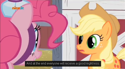 Size: 635x354 | Tagged: safe, screencap, applejack, pinkie pie, earth pony, pony, g4, party of one, caption, female, implied kissing, implied shipping, mare, subtitles, translation