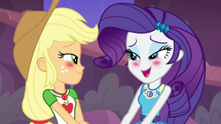 Size: 1920x1080 | Tagged: safe, screencap, applejack, rarity, equestria girls, equestria girls specials, g4, my little pony equestria girls: better together, my little pony equestria girls: rollercoaster of friendship, blushing, context is for the weak, female, geode of shielding, geode of super strength, implied shipping, magical geodes, not an edit, out of context, shipping fuel