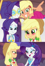 Size: 1079x1578 | Tagged: safe, screencap, applejack, pinkie pie, rarity, equestria girls, equestria girls specials, g4, i'm on a yacht, my little pony equestria girls: better together, my little pony equestria girls: rollercoaster of friendship, alternate hairstyle, blushing, context is for the weak, female, geode of shielding, geode of super strength, magical geodes, offscreen character, out of context, shipping fuel, tanned