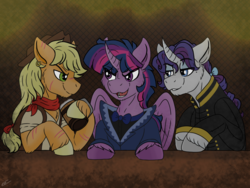 Size: 1024x768 | Tagged: safe, artist:rubysplash2018, applejack, rarity, twilight sparkle, alicorn, pony, the count of monte rainbow, g4, a story told, applejack (male), dusk shine, elusive, rule 63, the count of monte cristo, twilight sparkle (alicorn)
