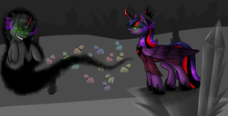 Size: 1280x654 | Tagged: safe, artist:sinsays, part of a set, king sombra, twilight sparkle, alicorn, crystal pony, crystal unicorn, earth pony, pony, umbrum, unicorn, ask corrupted twilight sparkle, g4, cape, clothes, collar, color change, corrupted, corrupted element of harmony, corrupted element of magic, corrupted twilight sparkle, crowd, crown, crystal slave, crystal slaves, curved horn, dark, dark crystal, dark equestria, dark magic, dark queen, dark world, darkened coat, darkened hair, dress, duo focus, ear fluff, ethereal mane, female, floating crown, floating tiara, hoof shoes, horn, implied shipping, implied straight, jagged horn, jewelry, looking at you, magic, male, male and female, master and student, necklace, outfit, part of a series, possessed, queen twilight, regalia, robe, slave, slavery, sombra empire, sombra eyes, sombra horn, teacher and student, tiara, tumblr, twilight sparkle (alicorn), tyrant sparkle, world domination