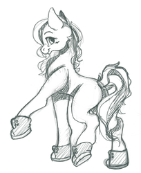 Size: 2152x2640 | Tagged: artist needed, safe, oc, oc only, pony, black and white, blank flank, clothes, converse, female, grayscale, high res, looking back, mare, monochrome, raised hoof, shoes, simple background, sketch, solo, white background
