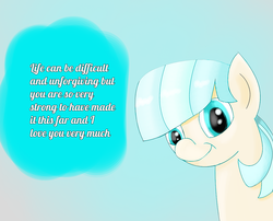 Size: 1500x1212 | Tagged: safe, coco pommel, earth pony, pony, g4, dialogue, female, looking at you, mare, simple background, smiling, solo, text