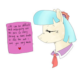 Size: 1500x1500 | Tagged: safe, coco pommel, earth pony, pony, g4, female, heart, mare, simple background, solo, style emulation, text, white background