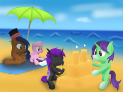 Size: 2828x2121 | Tagged: safe, artist:bladedragoon7575, oc, oc only, oc:crescent star, oc:kavidun, oc:lunar orbit, oc:tinker hooves, crystal pony, crystal unicorn, pony, beach, beach blanket, book, colt, family, female, fraternal twins, group, happy, hat, high res, lying down, male, mare, ocean, playing, reading, sandcastle, sitting, smiling, stallion, top hat, twins, umbrella