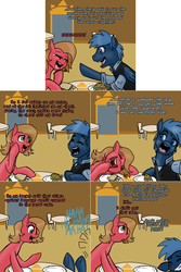 Size: 1502x2254 | Tagged: safe, artist:jitterbugjive, star hunter, oc, oc:pun, earth pony, pegasus, pony, ask discorded whooves, ask pun, g4, ask, burger, doctor who, female, food, hay burger, jack harkness, laughing, male, mare, stallion, torchwood
