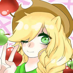 Size: 800x800 | Tagged: dead source, safe, artist:凝妆, applejack, human, g4, female, humanized, looking at you, one eye closed, peace sign, solo, wink