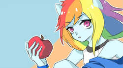Size: 1077x593 | Tagged: dead source, safe, artist:凝妆, rainbow dash, anthro, g4, apple, clothes, female, food, human facial structure, looking at you, shirt, solo