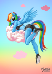 Size: 955x1351 | Tagged: safe, artist:mysticalpha, rainbow dash, pegasus, anthro, plantigrade anthro, g4, clothes, cloud, cute, cutie mark, female, legasus, looking back, mare, midriff, shoes, shorts, signature, sky, smiling, sneakers, solo, sports bra