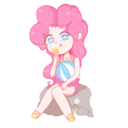 Size: 1181x1181 | Tagged: dead source, safe, artist:清扰的眼神死掉了, pinkie pie, equestria girls, g4, beach ball, clothes, cute, diapinkes, female, flower, food, ice cream, ice cream cone, simple background, solo, swimsuit, white background