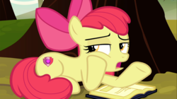Size: 1669x937 | Tagged: safe, screencap, apple bloom, earth pony, pony, g4, marks for effort, book, cutie mark, dismissive, female, filly, foal, hoof on cheek, lidded eyes, open mouth, prone, the cmc's cutie marks