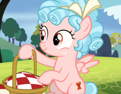 Size: 1202x938 | Tagged: safe, screencap, cozy glow, pegasus, pony, g4, marks for effort, basket, belly, cozybetes, cropped, cute, female, filly, picnic, picnic basket, sitting, smiling