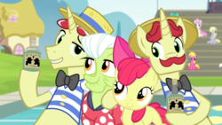 Size: 1280x720 | Tagged: safe, screencap, apple bloom, flam, flim, granny smith, earth pony, pony, unicorn, g4, leap of faith, cute, facial hair, female, filly, flim flam brothers, flim flam miracle curative tonic, fraud, group, male, mare, moustache, ponyville, quartet, raised eyebrow, stallion, swimming pool, water