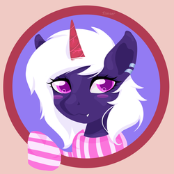 Size: 5000x5000 | Tagged: safe, alternate version, artist:timser_, oc, oc only, oc:chiarezza, bat pony, pony, absurd resolution, bat pony oc, blushing, bust, clothes, colored pupils, cute, cute bat, ear piercing, fangs, female, mare, piercing, portrait, profile picture, prosthetic horn, prosthetics, scarf, ych result