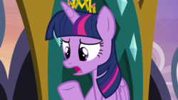 Size: 1280x720 | Tagged: safe, screencap, twilight sparkle, alicorn, pony, g4, trade ya!, crown, female, jewelry, mare, new crown, regalia, solo, throne, twilight sparkle (alicorn)