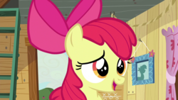 Size: 1280x720 | Tagged: safe, screencap, apple bloom, pony, bloom & gloom, g4, clubhouse, crusaders clubhouse, curtains, female, ladder, picture, solo