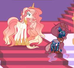 Size: 2587x2363 | Tagged: safe, artist:xxcutecookieswirlsxx, oc, oc only, oc:helenrise, changepony, pegasus, pony, cousins, crown, duo, eye scar, female, high res, hoof shoes, jewelry, mare, offspring, parent:pharynx, parent:princess celestia, parent:princess luna, parent:star swirl the bearded, parents:celeswirl, parents:lunarynx, peytral, regalia, scar, stairs