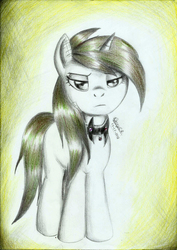 Size: 1654x2339 | Tagged: safe, artist:3500joel, oc, oc only, pony, unicorn, choker, female, looking at you, mare, signature, solo, traditional art, unamused