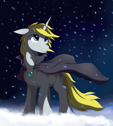 Size: 2700x3000 | Tagged: safe, artist:zoarvek, oc, oc only, oc:soul strings, pony, unicorn, cape, clothes, high res, snow, solo