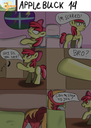 Size: 1654x2336 | Tagged: safe, artist:jbond, part of a set, apple bloom, big macintosh, earth pony, pony, comic:applebuck, g4, bed, bedroom, comic, engrish, female, filly, foal, male, monologue, onomatopoeia, scared, sleeping, sound effects, speech bubble, stallion, storm, talking, text, zzz