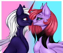 Size: 3000x2500 | Tagged: safe, artist:athenawhite, oc, oc only, oc:chiarezza, oc:rosachara, bat pony, pony, bat pony oc, bedroom eyes, boop, female, high res, imminent kissing, imminent mlems, lesbian, looking at each other, mare, missing accessory, noseboop, not an alicorn, nuzzling, oc x oc, prosthetic horn, prosthetics, shipping, transparent wings, ych result