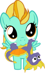 Size: 640x1016 | Tagged: safe, artist:chipmagnum, lightning dust, pony, g4, cute, female, filly, looking at you, looking up, looking up at you, mouth hold, simple background, solo, spread wings, spyro the dragon, spyro the dragon (series), toy, transparent background, vector, wings, younger