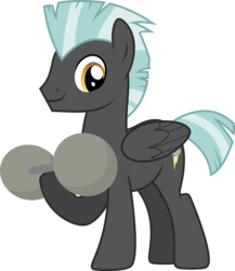 Size: 5210x6000 | Tagged: safe, artist:chainchomp2, thunderlane, pegasus, pony, equestria games (episode), g4, absurd resolution, background pony, dumbbells, male, raised hoof, simple background, smiling, solo, stallion, transparent background, vector, weight lifting