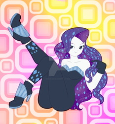 Size: 1024x1098 | Tagged: safe, artist:nekopunk121, rarity, equestria girls, g4, my little pony equestria girls: better together, the other side, beautiful, cleavage, clothes, deviantart watermark, gloves, looking at you, obtrusive watermark, simple background, sitting, sleeveless, strapless, watermark
