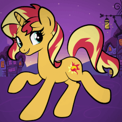 Size: 849x849 | Tagged: safe, artist:sjart117, sunset shimmer, firefly (insect), pony, unicorn, equestria girls, g4, animated, barely animated, female, gif, house, lamp, looking back, mare, mountain, night, ponyville, raised hoof, solo, stars, towntown