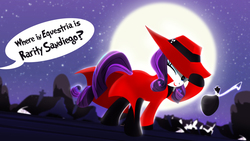 Size: 1600x900 | Tagged: safe, artist:dan232323, rarity, pony, g4, carmen sandiego, clothes, female, hat, looking back, mare, moon, one eye closed, smiling, solo, wink