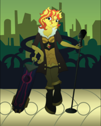 Size: 522x651 | Tagged: safe, artist:nightveil, artist:nightveilnocturne, sunset shimmer, twilight sparkle, anthro, unguligrade anthro, g4, clothes, crossover, female, inanimate tf, microphone, sword, transformation, transistor, video game crossover, weapon