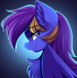 Size: 3445x3499 | Tagged: safe, artist:airiniblock, oc, oc only, oc:spacer rhythmic, pegasus, pony, rcf community, backlighting, bust, chest fluff, ear fluff, female, folded wings, gradient background, looking at you, mare, profile, smiling, solo, wings
