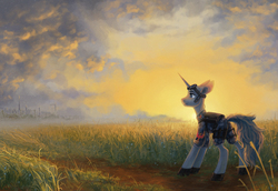 Size: 3293x2270 | Tagged: safe, artist:koviry, oc, oc only, oc:flint, pony, unicorn, city, clothes, field, goggles, high res, looking away, outdoors, scenery, sky, solo, sunrise, three quarter view, uniform