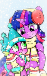 Size: 624x998 | Tagged: safe, artist:dsana, spike, twilight sparkle, alicorn, dragon, pony, g4, clothes, cute, earmuffs, female, hat, looking at each other, male, mama twilight, mare, scarf, signature, smiling, spikabetes, spikelove, twiabetes, twilight sparkle (alicorn)
