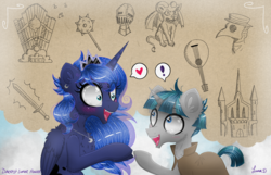 Size: 3500x2250 | Tagged: safe, artist:darkest-lunar-flower, princess luna, stygian, alicorn, gargoyle, pony, unicorn, g4, belly button, castle of the royal pony sisters, chest fluff, heart, high res, knight, mace, medieval, musical instrument, not shipping, organ, pictogram, plague doctor, plague doctor mask, sword, weapon