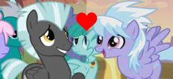 Size: 1280x590 | Tagged: safe, edit, edited screencap, screencap, cloudchaser, spring melody, sprinkle medley, thunderlane, pony, g4, female, heart, looking at each other, looking at someone, male, open mouth, ship:thunderchaser, shipping, shipping domino, spread wings, straight, wings